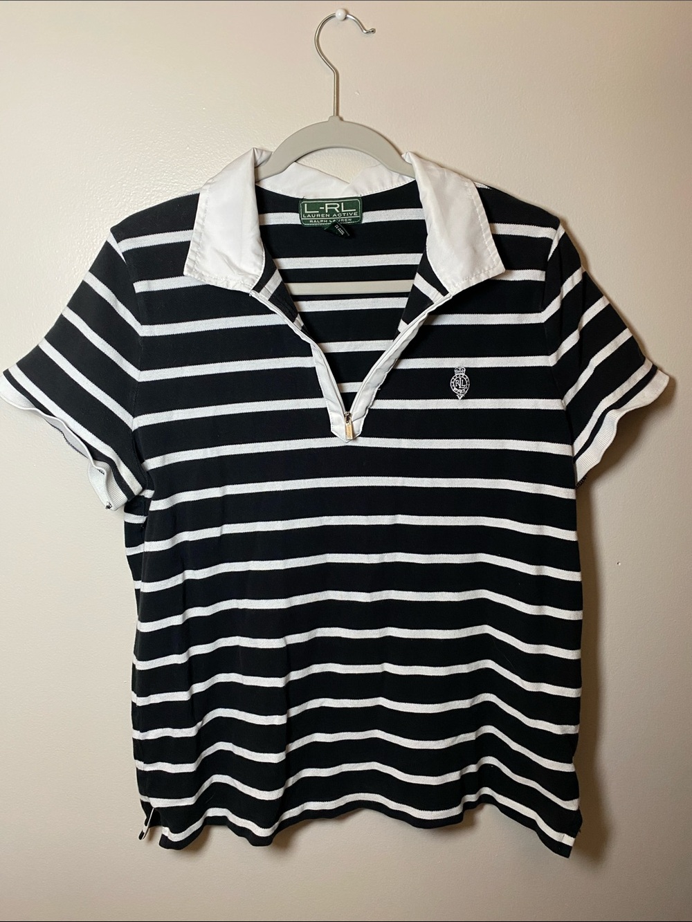 Lauren Active Ralph Lauren Black and White Striped Polo with Contrast Collar XL